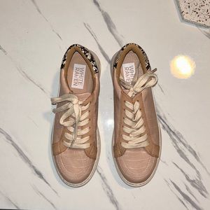 cute and comfy sneakers with snake skin on the heel and pink crocodile print